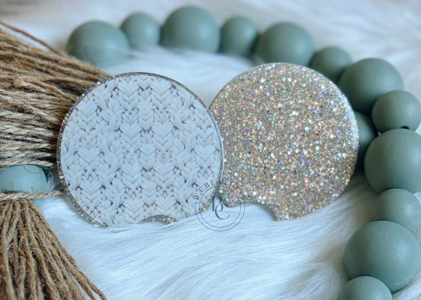 Reversible, Chunky Knit/Glitter, acrylic car coasters (set of 2 coasters)