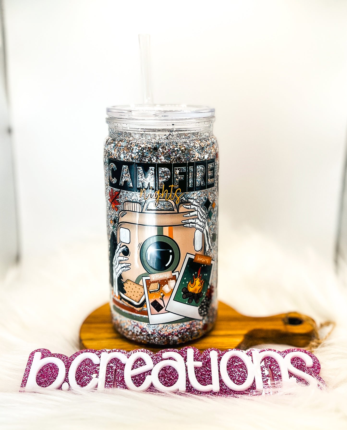 Camping Snow Globe tumbler, 16 oz tumbler, Snow Globe Glitter Tumbler