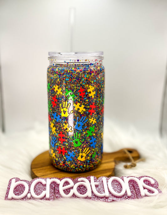 Autism Snow Globe tumbler, 16 oz tumbler, Snow Globe Glitter Tumbler