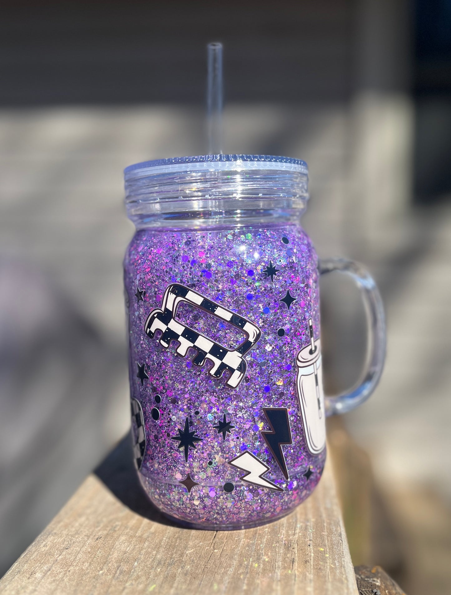 Checkered Girly Snow Globe tumbler, 20 oz Mason Jar tumbler, Snow Globe Glitter Tumbler