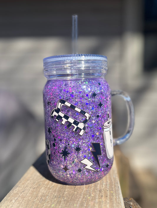 Checkered Girly Snow Globe tumbler, 20 oz Mason Jar tumbler, Snow Globe Glitter Tumbler