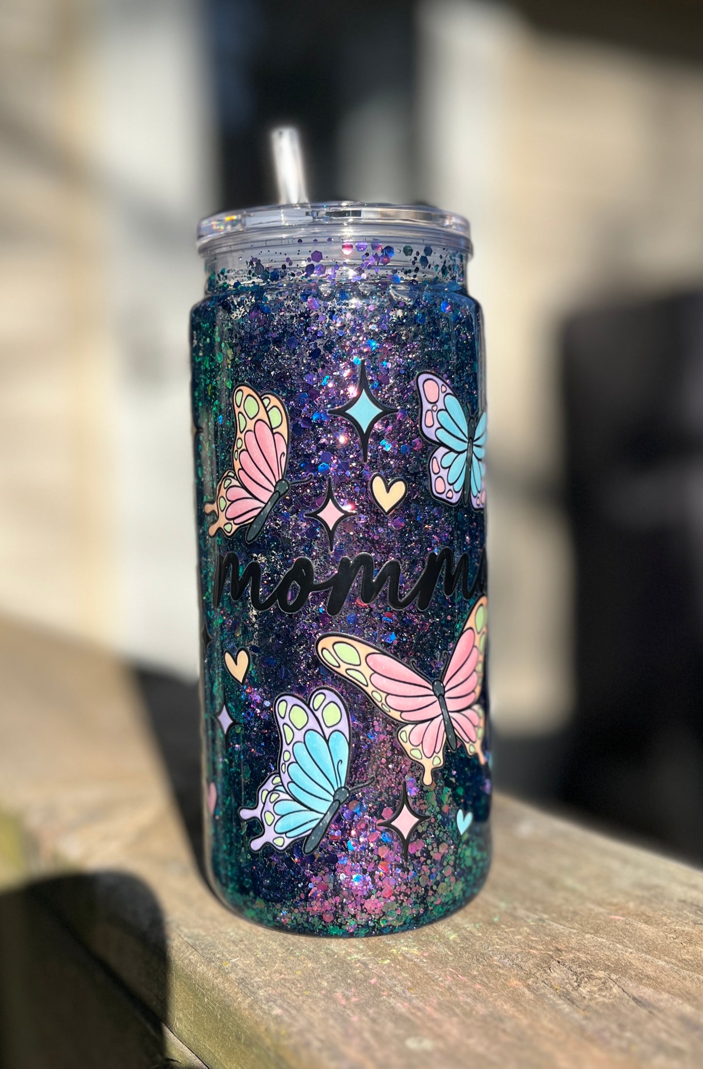 Butterfly Momma Snow Globe tumbler, 20 oz tumbler, Snow Globe Glitter Tumbler