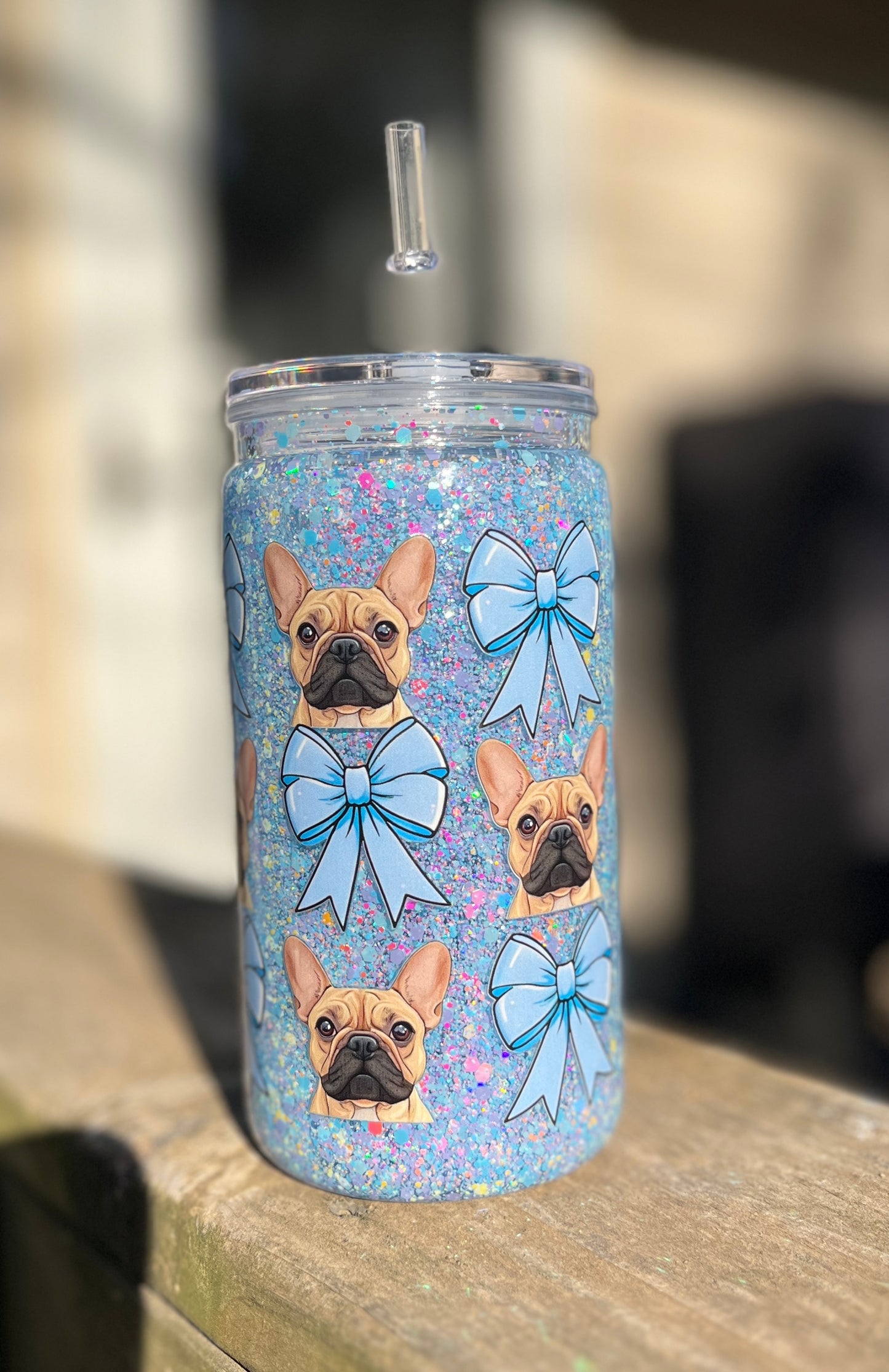 Frenchie Snow Globe tumbler, 16 oz tumbler, Snow Globe Glitter Tumbler