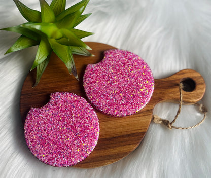 Reversible, pink floral/glitter, acrylic car coasters (set of 2 coasters)