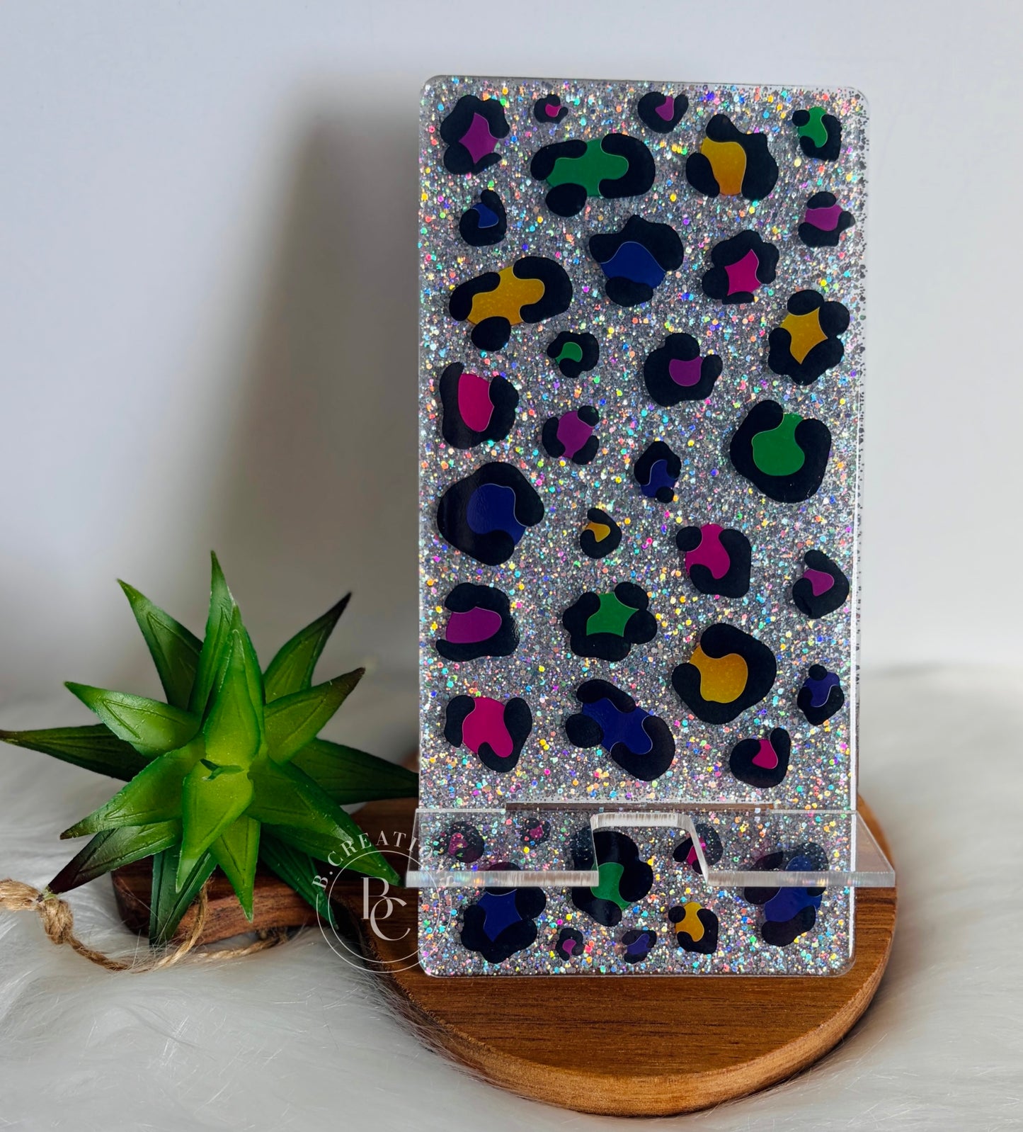 Colorful Cheetah, Extra Large, Acrylic Glitter Phone Stand