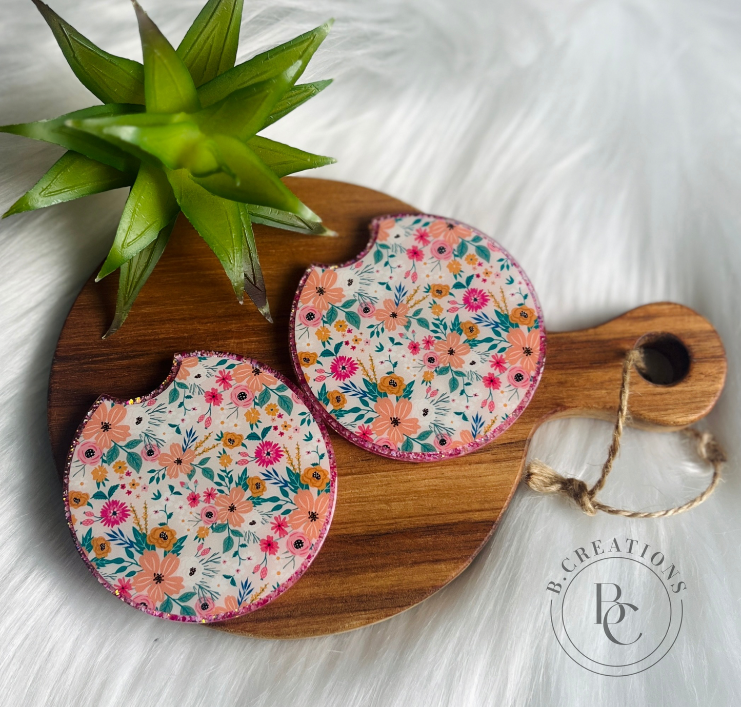 Reversible, pink floral/glitter, acrylic car coasters (set of 2 coasters)