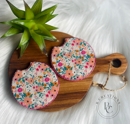 Reversible, pink floral/glitter, acrylic car coasters (set of 2 coasters)