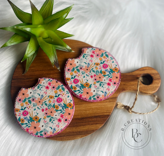 Reversible, pink floral/glitter, acrylic car coasters (set of 2 coasters)