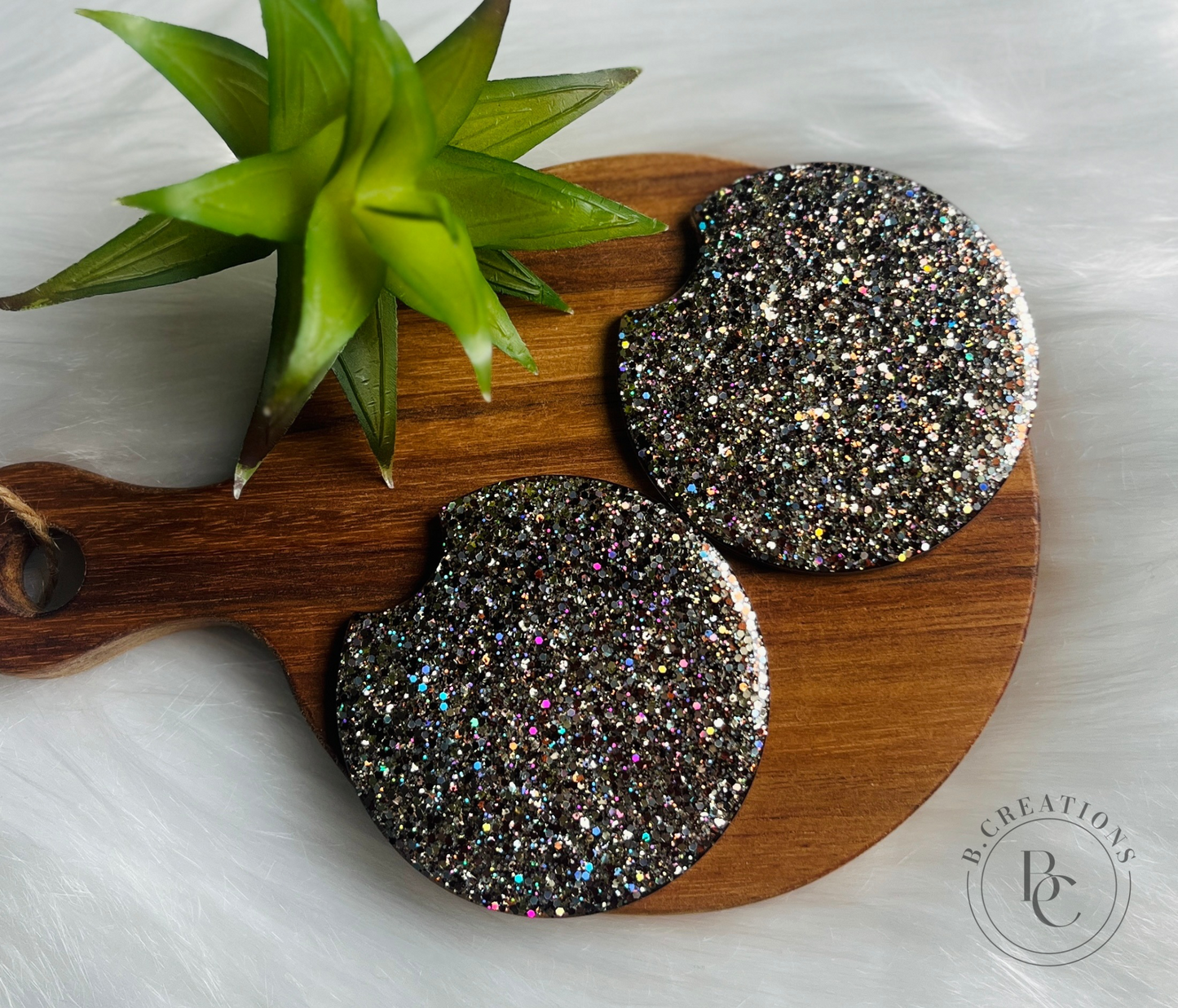 Reversible, Olive Textured Cheetah/Glitter acrylic car coasters (set of 2 coasters)