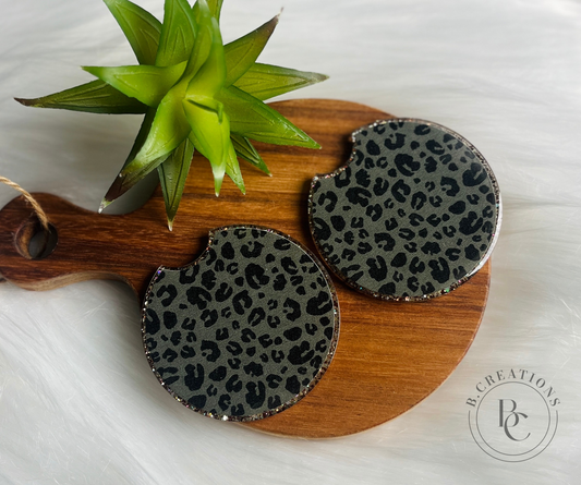Reversible, Olive Textured Cheetah/Glitter acrylic car coasters (set of 2 coasters)