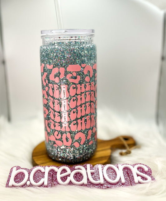 Leopard Teacher Snow Globe tumbler, 20 oz tumbler, Snow Globe Glitter Tumbler