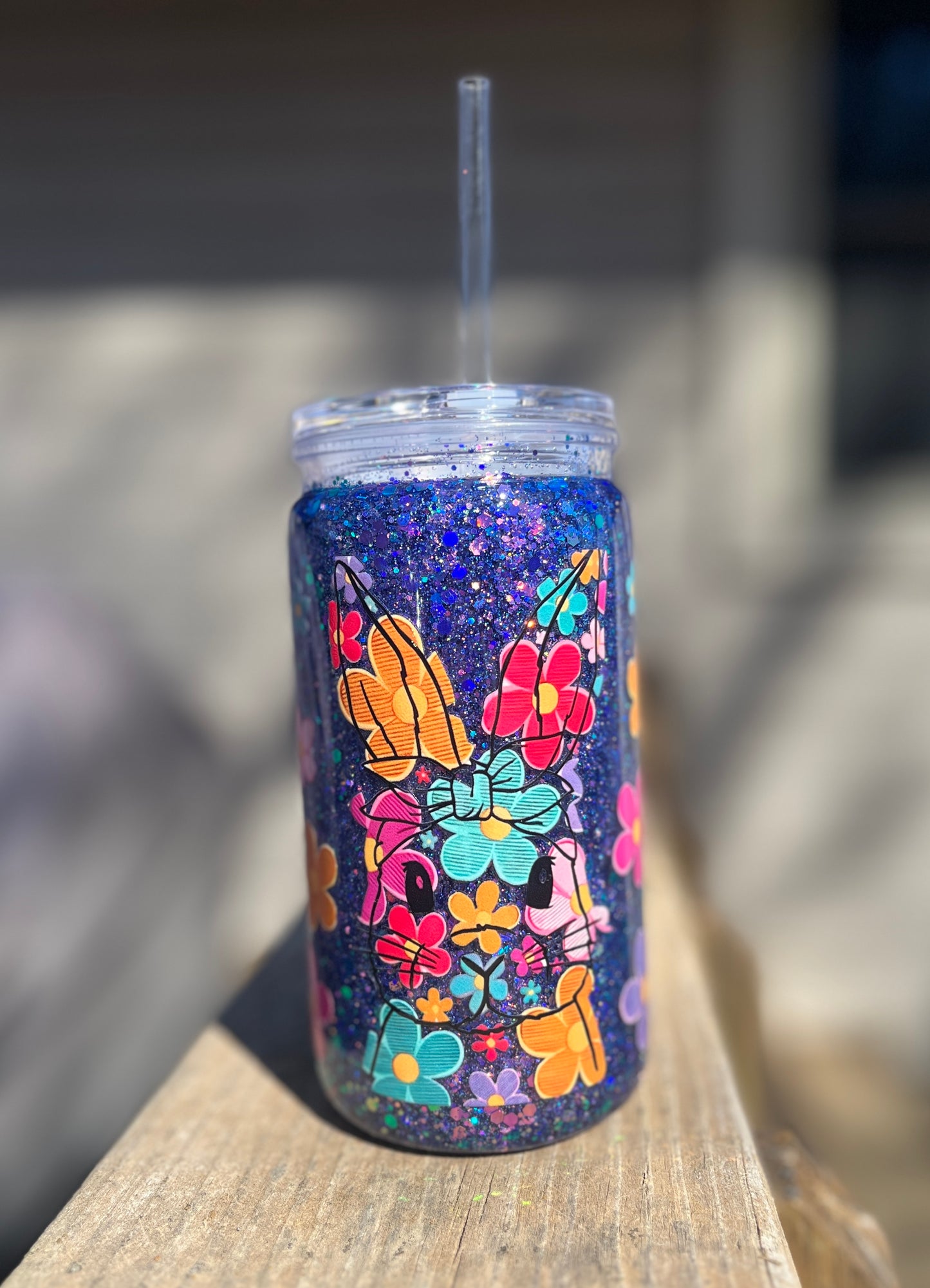 Floral Rabbit/Easter Snow Globe tumbler, 16 oz tumbler, Snow Globe Glitter Tumbler