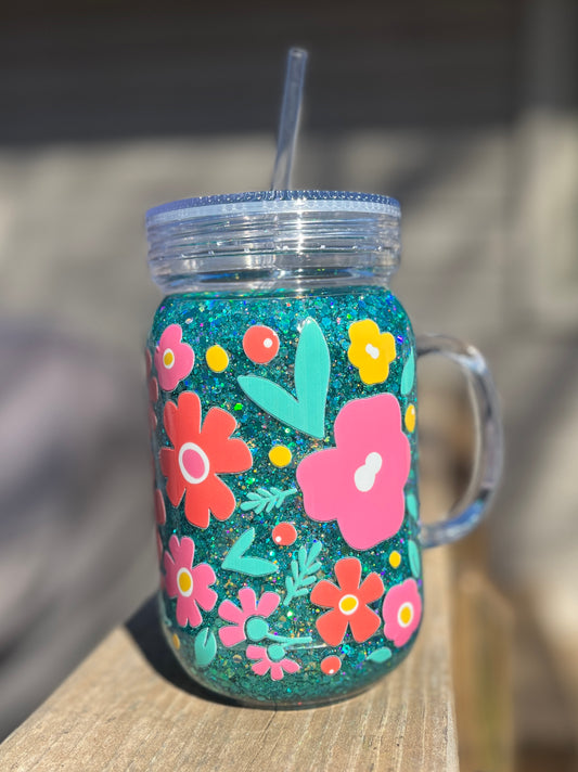 Floral Snow Globe tumbler, 20 oz Mason Jar tumbler, Snow Globe Glitter Tumbler