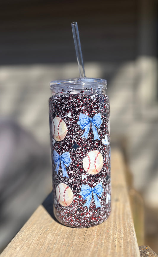 Baseball/Bow Snow Globe tumbler, 20 oz tumbler, Snow Globe Glitter Tumbler