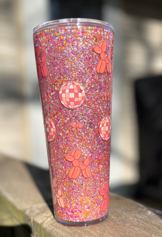 Retro Balloon Dog Snow Globe Tumbler, 24 oz Tumbler, Snow Globe Glitter Tumbler