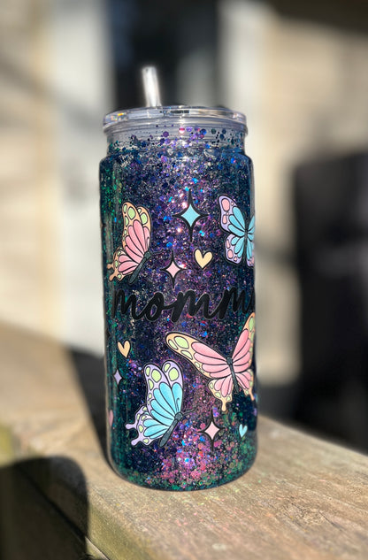 Butterfly Momma Snow Globe tumbler, 20 oz tumbler, Snow Globe Glitter Tumbler
