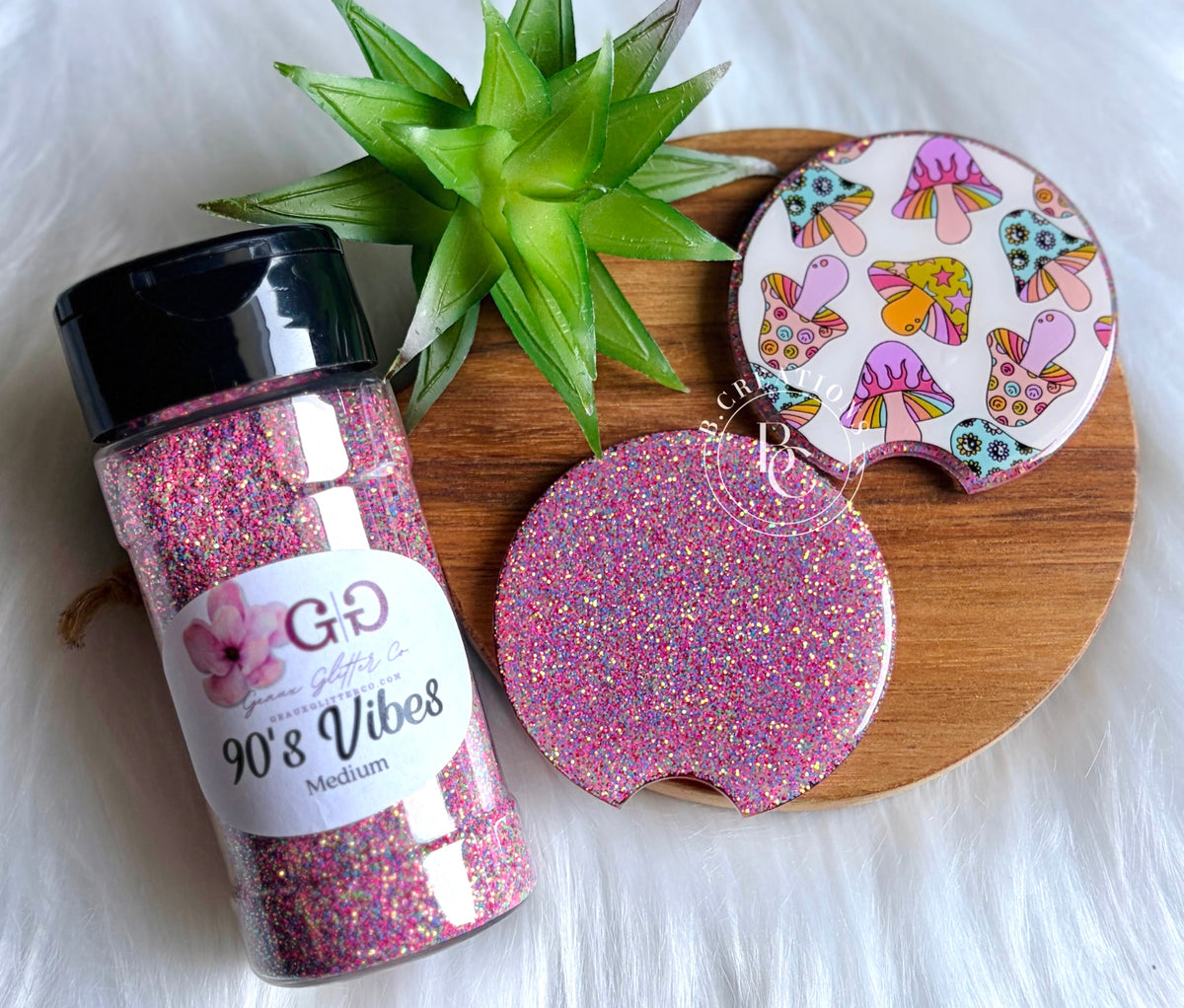 Reversible, Retro Mushroom/Glitter, acrylic car coasters (set of 2 coasters)