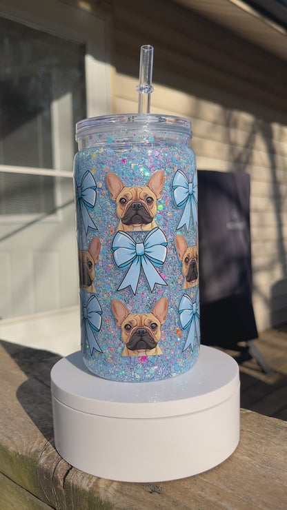Frenchie Snow Globe tumbler, 16 oz tumbler, Snow Globe Glitter Tumbler