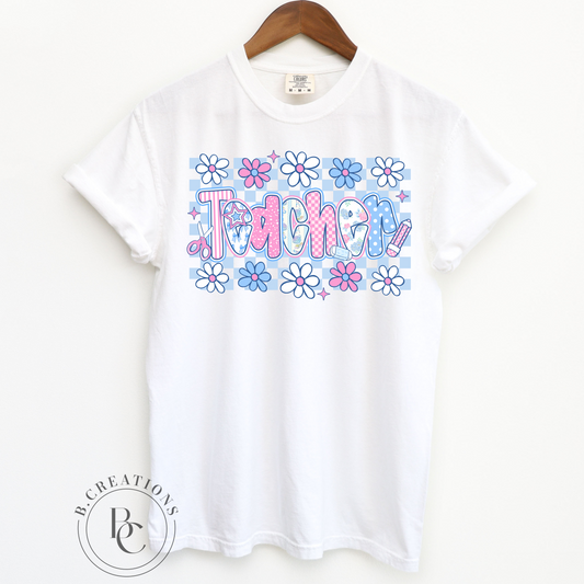 Teacher, floral/Checkered, Short Sleeve Tshirt